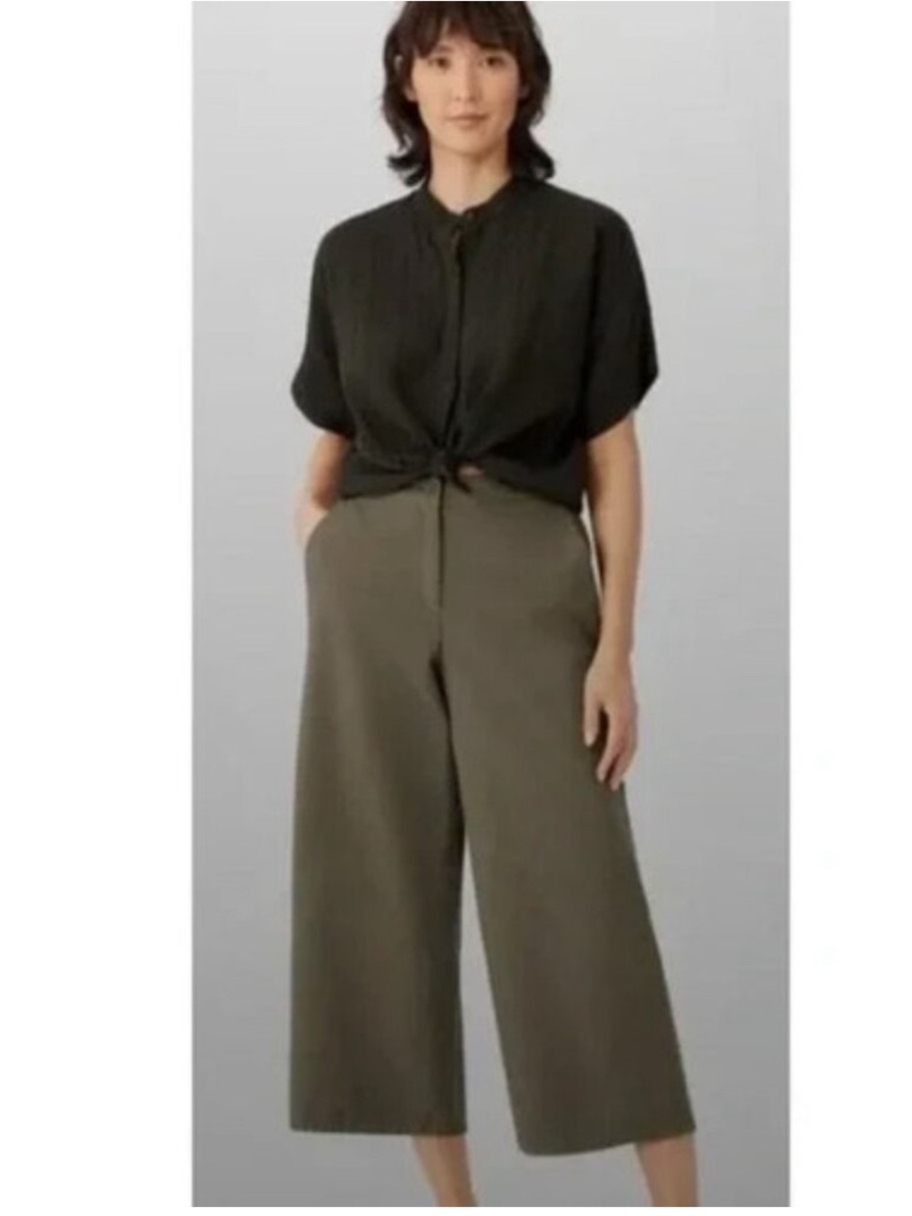 Eileen Fisher Organic Cotton Hemp Blend Wide Cropped Pants Olive Green, Large